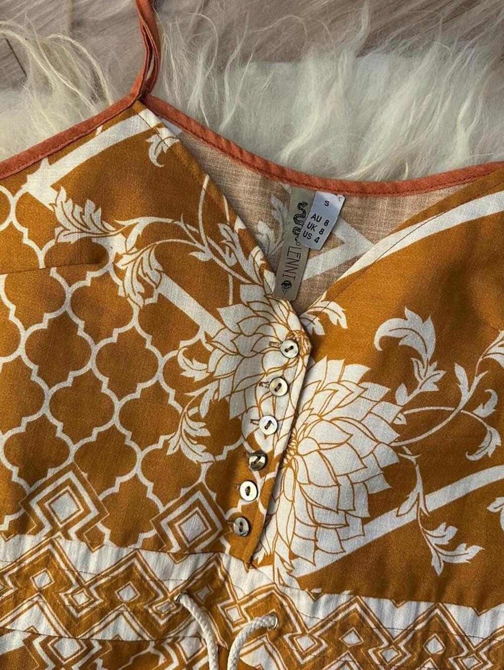 LENNI Orange Print Jumpsuit / bell bottom / Button Front / Size S